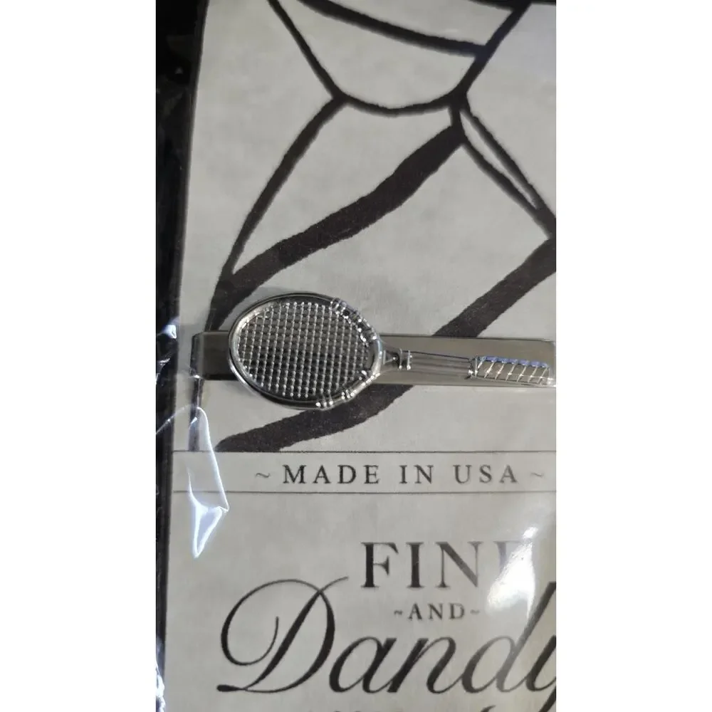 Fine and Dandy Silver Tone Tennis Racket Tie Bar Clip Sports Theme Mens